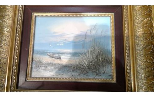 PEINTURE SUR TOILE BARQUE CADRE DORÉ