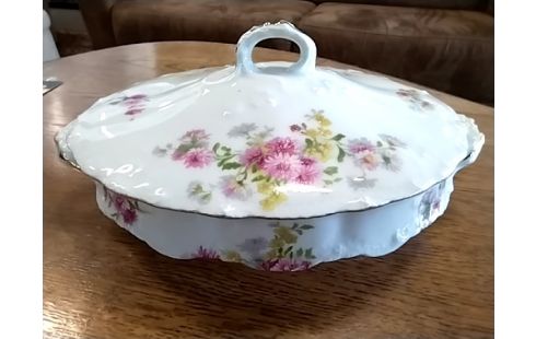 SOUPIERE Avec 2 plats porcelaine fleurs roses