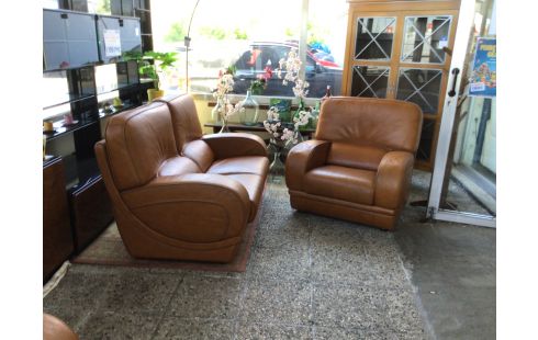 SALON 2+1+1 GROS CUIR BRUN