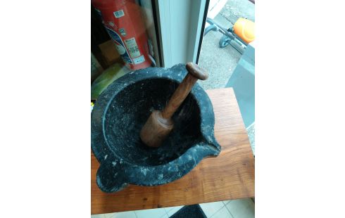 MORTIER PILON 19ÈME MARBRE GRIS +PILON BOIS