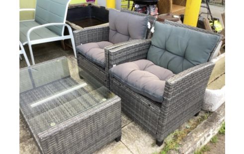 SALON DE JARDIN BANQUETTE+2FAUTEUILS TABLE BASSE