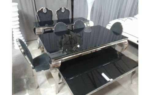 ENSEMBLE SALON TABLES, CONSOLE ET 6 CHAISES CHROME VERRRE NOIR