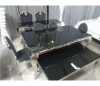 ENSEMBLE SALON TABLES, CONSOLE ET 6 CHAISES CHROME VERRRE NOIR