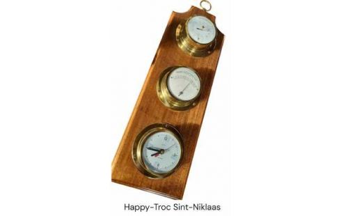 BAROMETER MET KLOK NAUDET HOUT KOPER