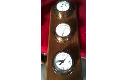 BAROMETER MET KLOK NAUDET HOUT KOPER