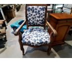 FAUTEUIL TISSU BLEU ET BLANC CADRE BOIS