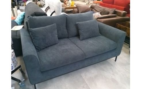 CANAPE 2 PLACES TISSU GRIS  BLEU PIEDS MEATL NOIR