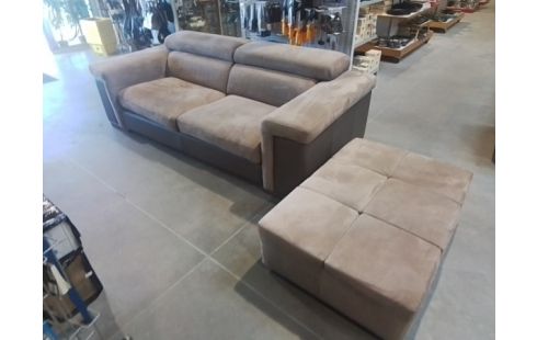 CANAPE 3P CUIR ET TISSU TAUPE +POUF