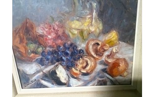 TABLEAU NATURE MORTE CHAMPIGNONS , SIGNE JH MONTEIL