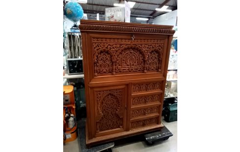 SECRETAIRE BOIS EXOTIQUE SCULPTÉ CLÉ