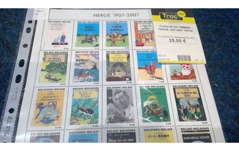 PLANCHE DE TIMBRES  HERGÉ 1907-2007 TINTIN