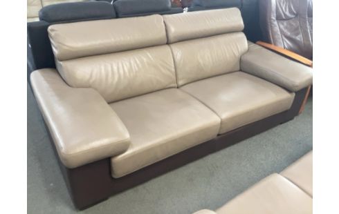 CANAPE CUIR BEIGE/MARRON 3P (TÊTIÈRE HS)