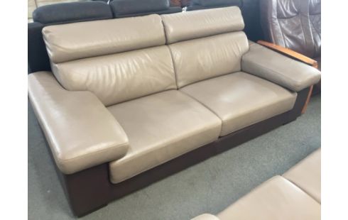 CANAPE CUIR BEIGE/MARRON 3P (TÊTIÈRE HS)