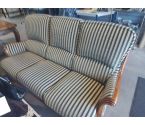 SALON 3P BOIS ET TISSU RAYE VERT ET BEIGE