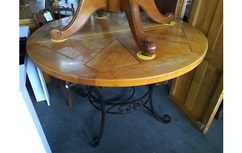 TABLE RONDE D120 BOIS ET PIED FER FORGE (+ 1 ALLONGE)