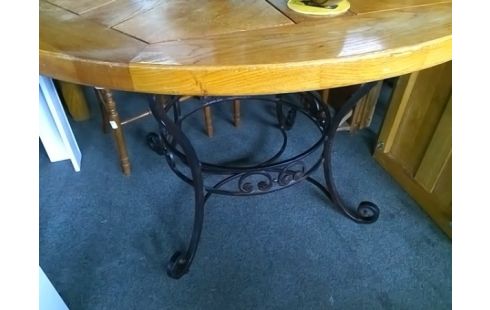 TABLE RONDE D120 BOIS ET PIED FER FORGE (+ 1 ALLONGE)