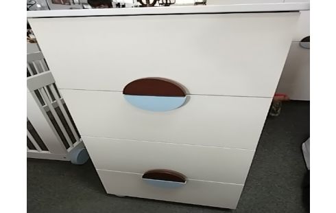 MEUBLE D'APPOINT ENFANT 4 TIROIRS BLANC POIGNÉES MARRON BLEUES