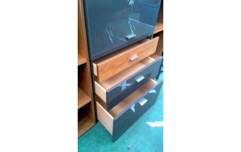 DRESSOIR FONCE GRIS LAQUE TECK LOOK 3 PORTES / 3 TIROIRS