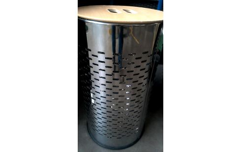 CORBEILLE A LINGE ROND INOX SIMILI CUIR, , BOIS