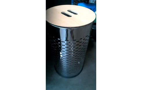 CORBEILLE A LINGE ROND INOX SIMILI CUIR, , BOIS