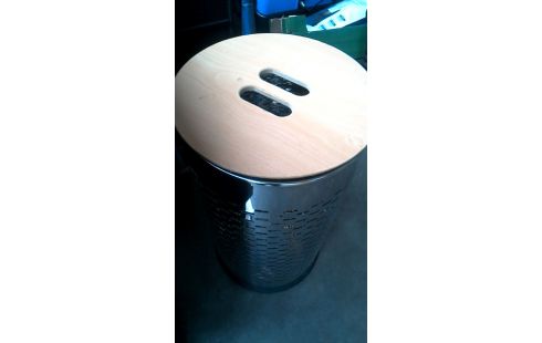 CORBEILLE A LINGE ROND INOX SIMILI CUIR, , BOIS
