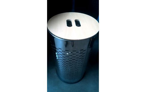 CORBEILLE A LINGE ROND INOX SIMILI CUIR, , BOIS