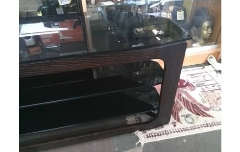 MEUBLE TV BOIS WENGE PLATEAU VERRE FUME