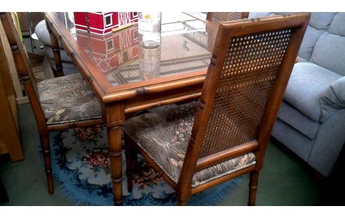 TABLE DE SALLE A MANGER MET, , 4 CHAISES BAMBOU LOOK GLACE