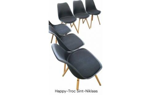 6 STOELEN HOUT ZWART PVC STOF
