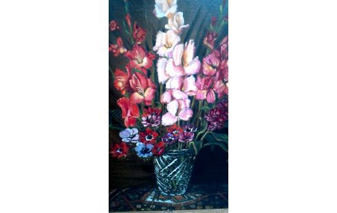 SCHILDERIJ VAAS MET BLOEMEN KADER VERGULD